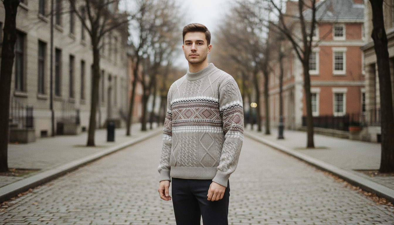 Man wearing the patterned mock neck sweater on a quiet autumn street