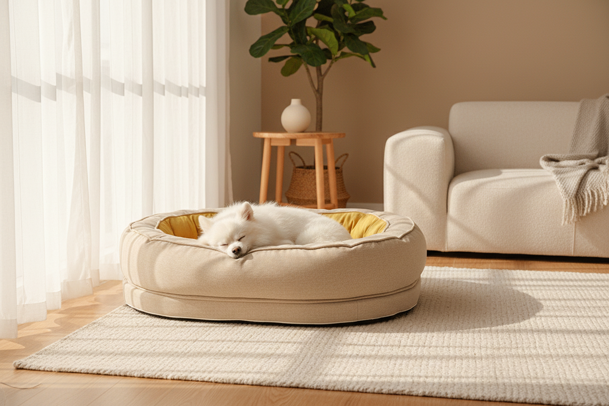 Small dog asleep in a plush donut pet bed beside a sunlit window