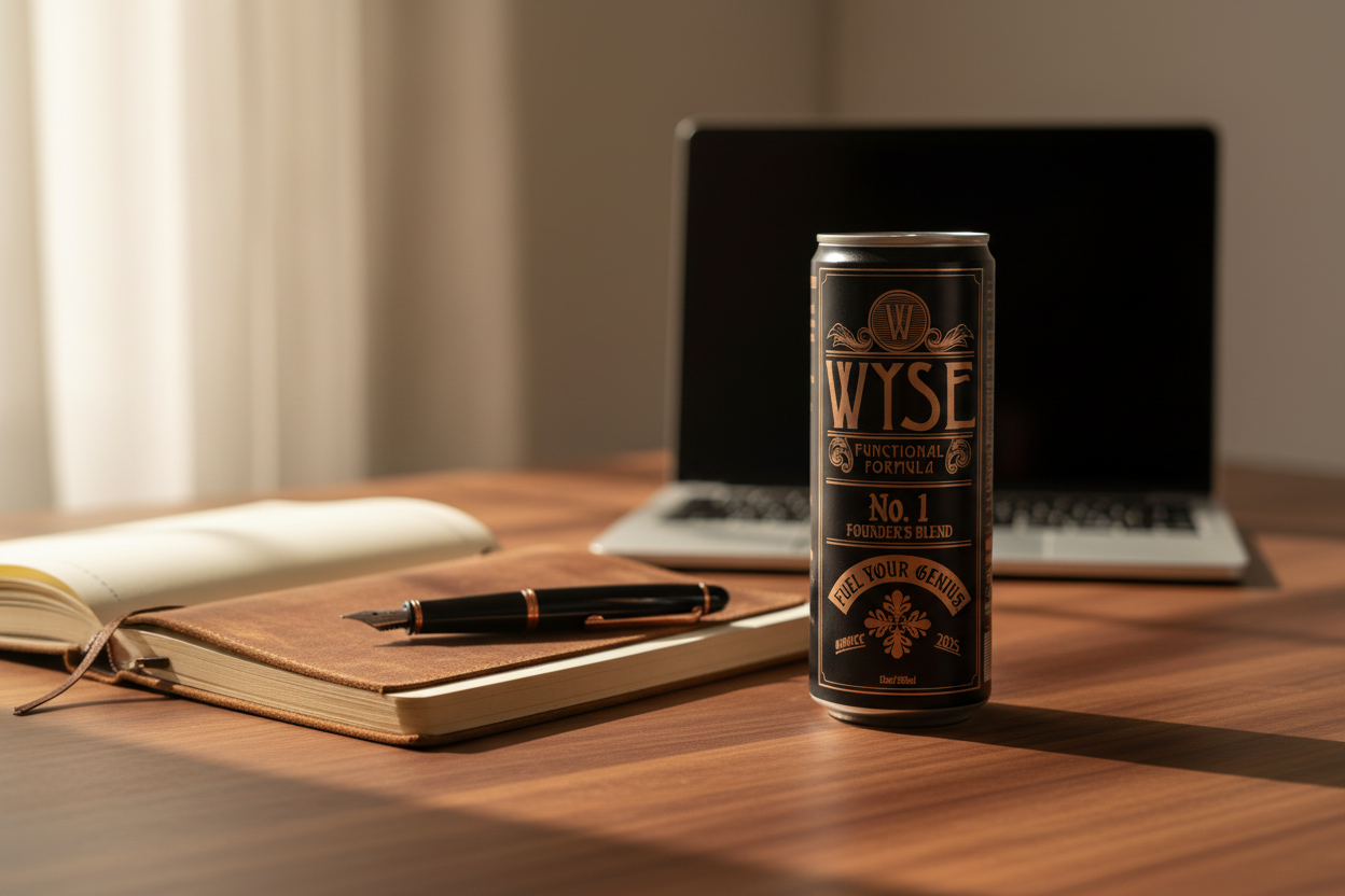 Wyse Founder's Blend can on a walnut desk beside a notebook in morning light