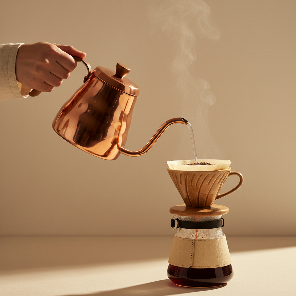 Gooseneck kettle pouring hot water over a pour-over coffee dripper