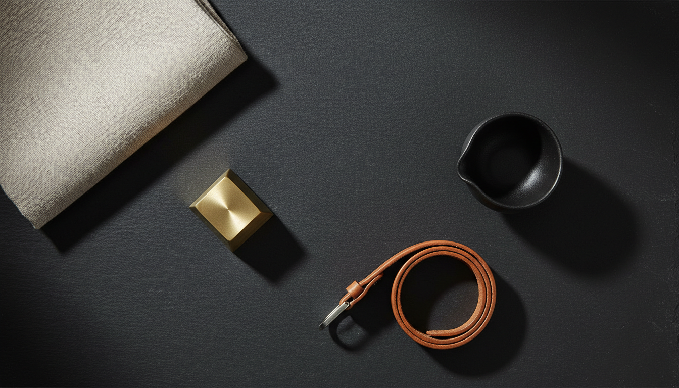 Curated arrangement of everyday objects laid out on a dark slate surface