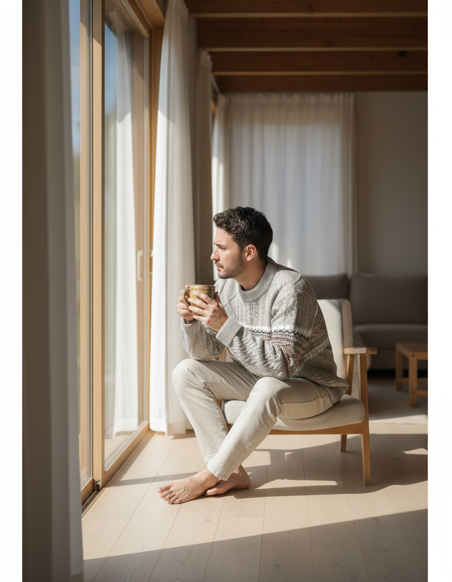 Man wearing the off-white sweater at a window with a mug of coffee