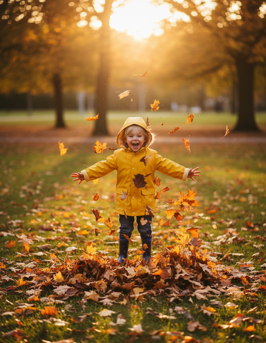 Child in a raincoat laughing while jumping through autumn leaves outdoors