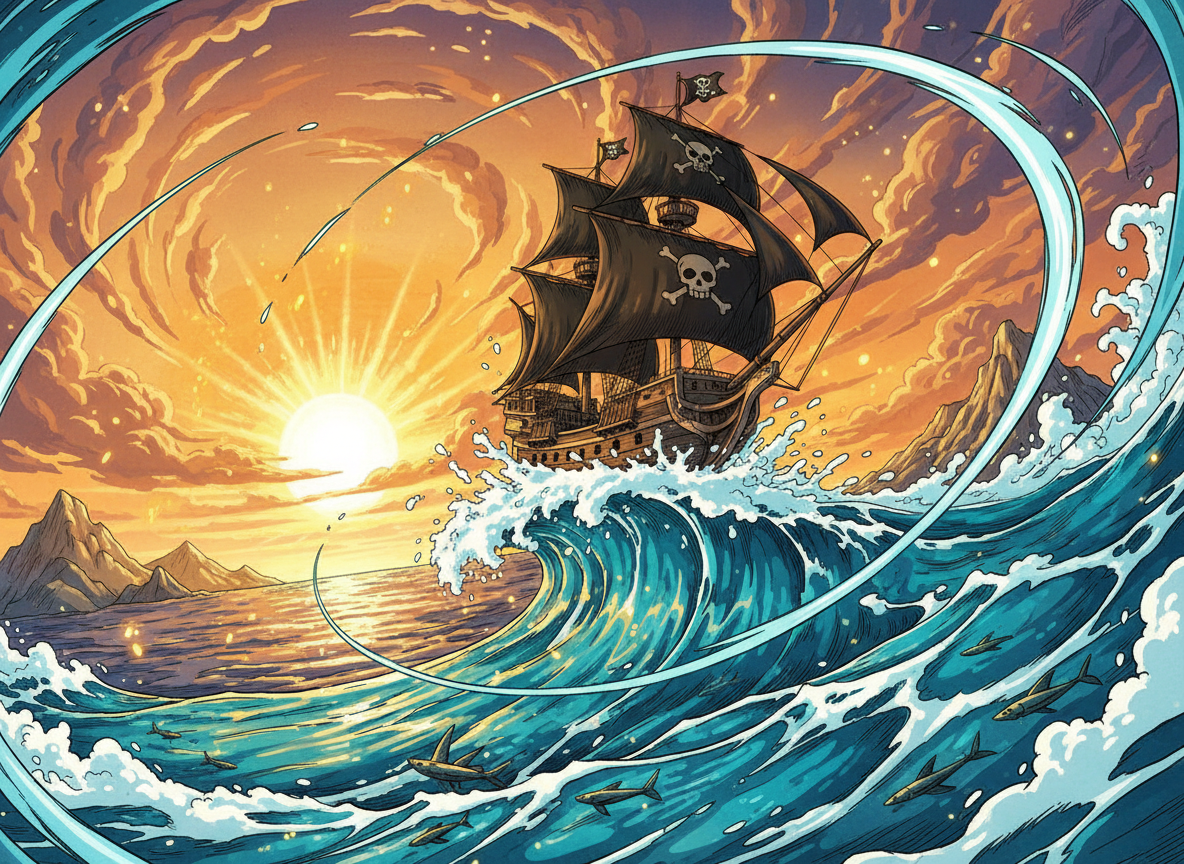 Anime style pirate ship cresting a large ocean wave