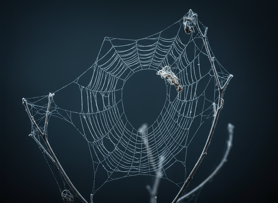 A chaotic, asymmetrical spider web with large gaps and threads running at wrong angles
