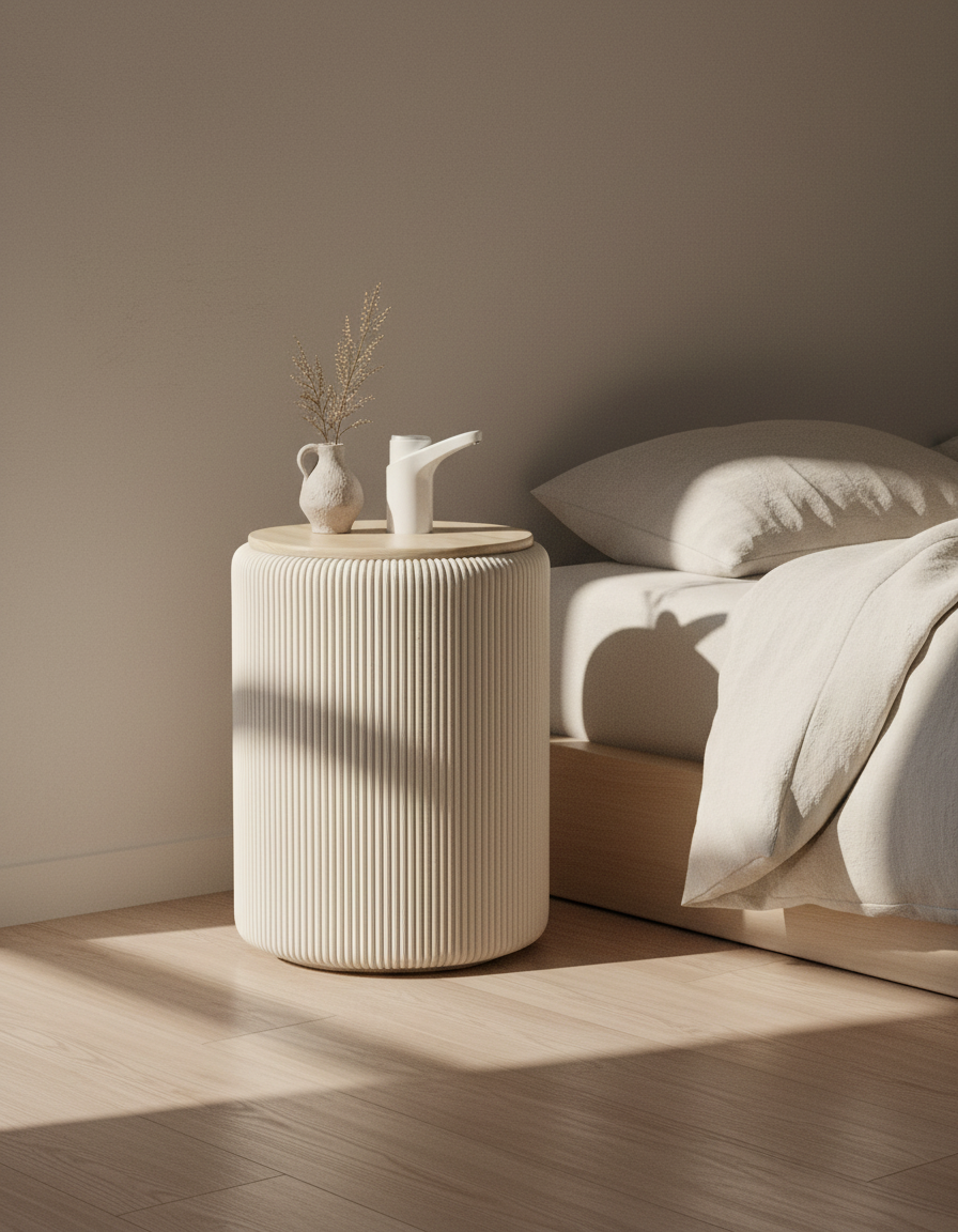 Camu Beige en un dormitorio luminoso con ropa de cama de lino