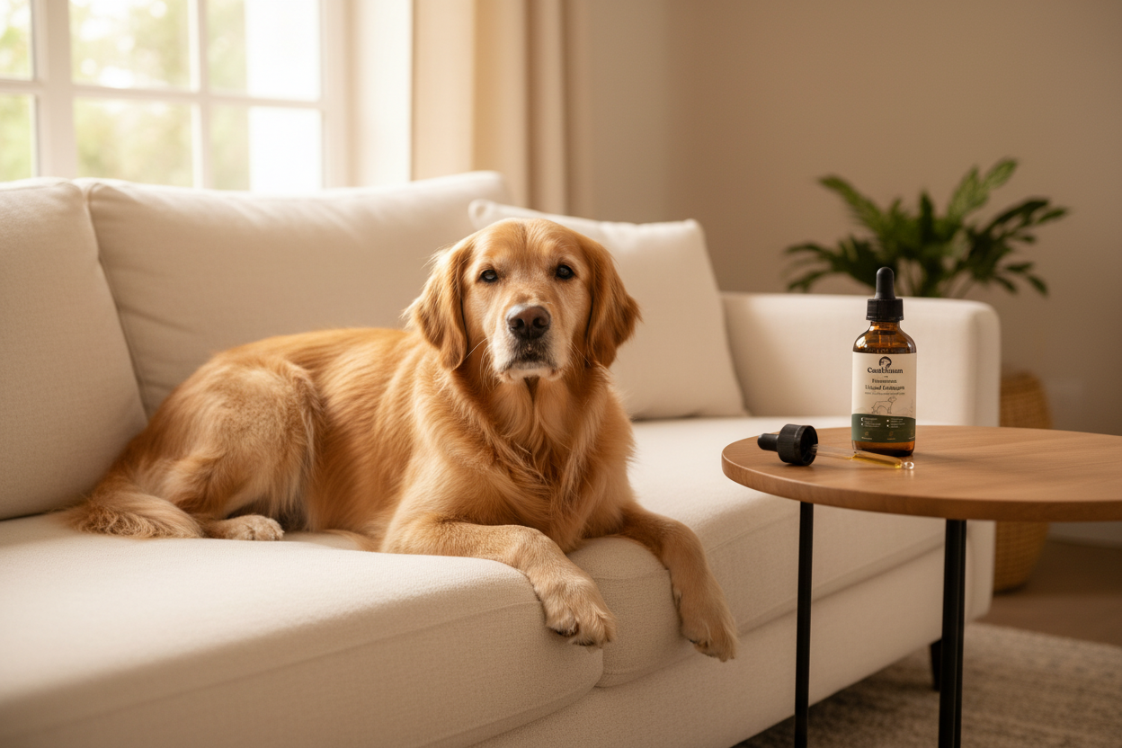 Golden retriever with a glossy coat resting on a cream linen sofa in morning light