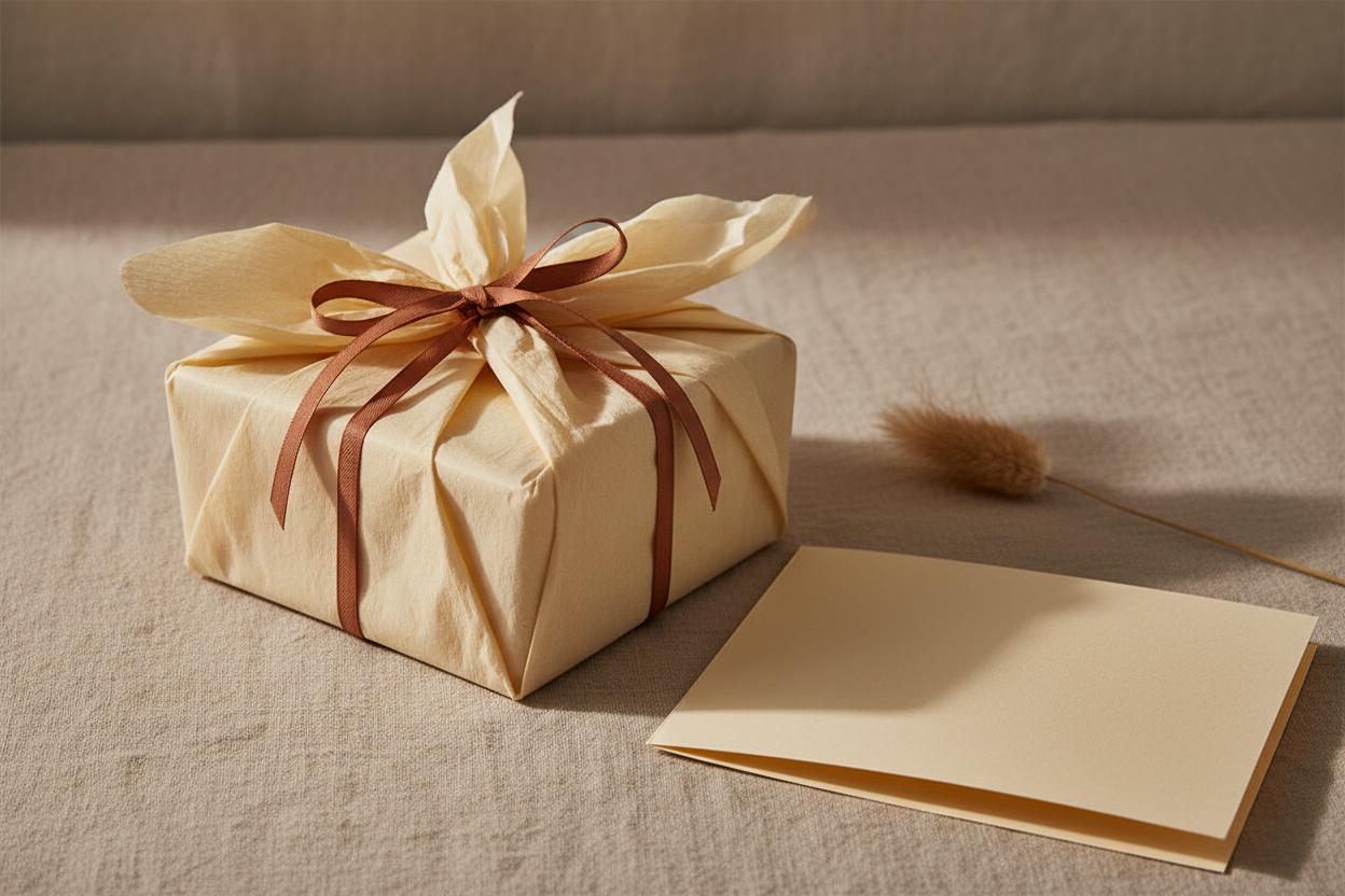 Parcel wrapped in cream tissue paper tied with a terracotta ribbon on beige linen