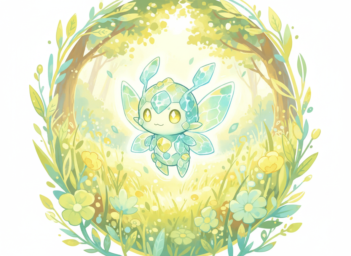 Illustration of a small glowing creature in a sunlit meadow
