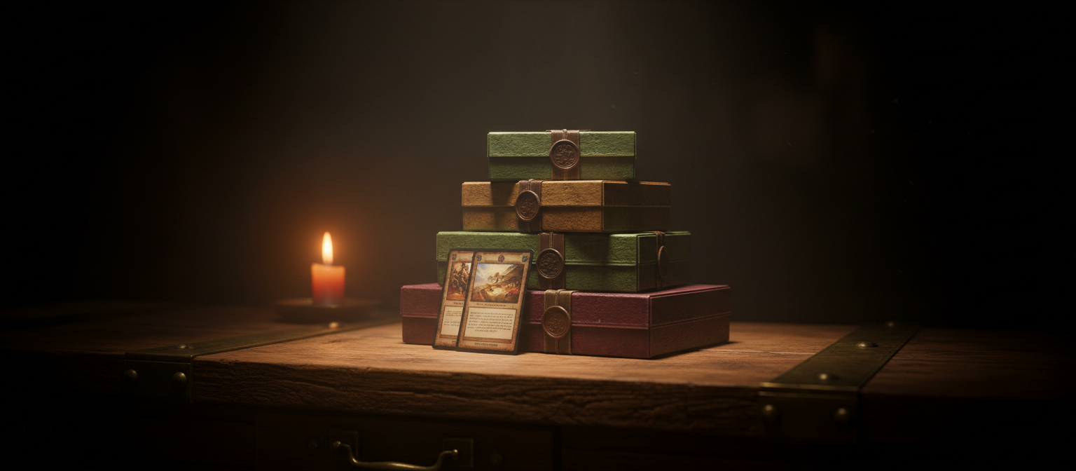 Sealed trading card booster boxes stacked on an aged oak counter beside a single candle