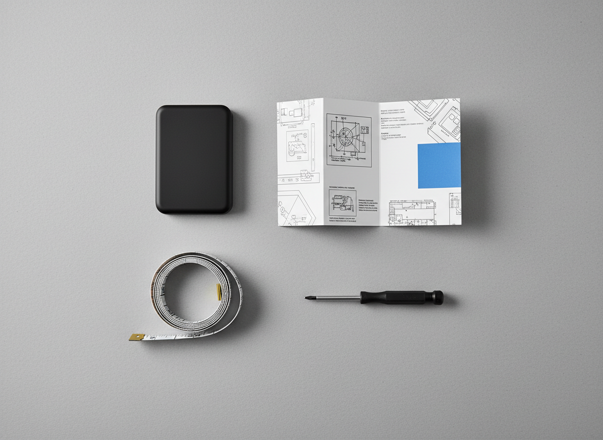 Overhead flat lay of a compact black device beside a folded spec card, a measuring tape and a small screwdriver on grey paper