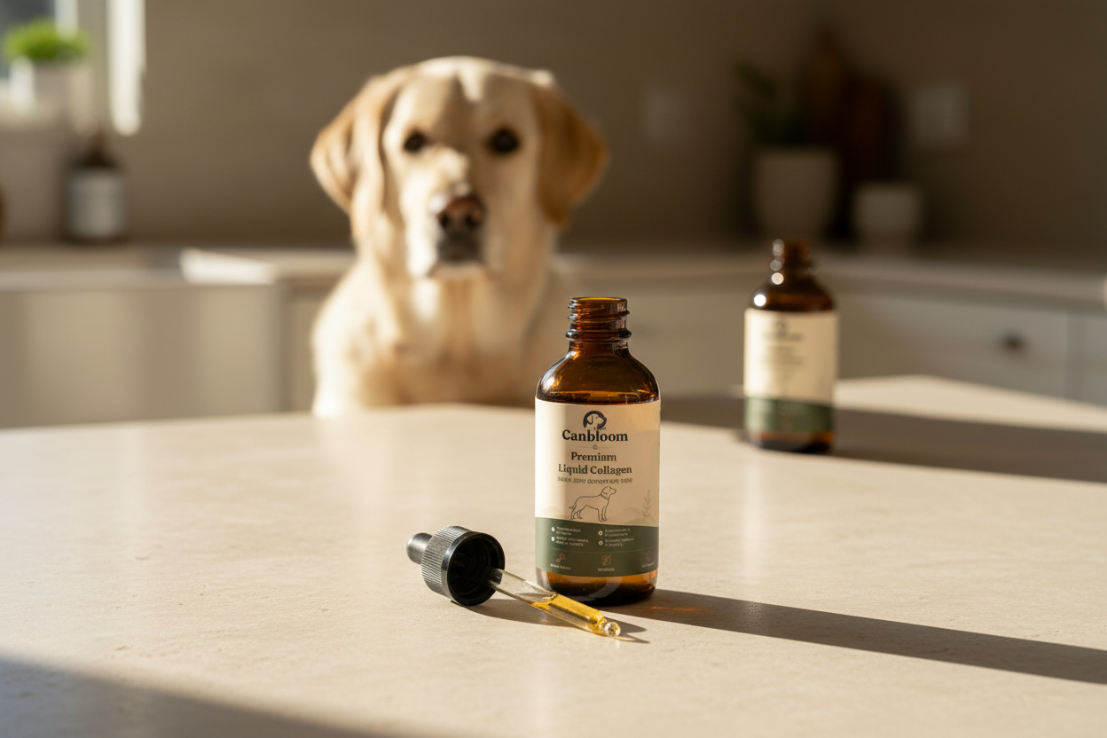 Amber bottle of liquid collagen on a kitchen counter with a dog waiting in the background