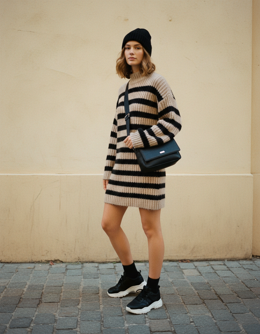 Femme portant une robe en maille courte devant un mur crème
