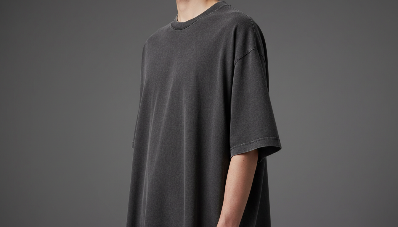 Oversized boxy tee draping on a model, showing the relaxed drop-shoulder cut