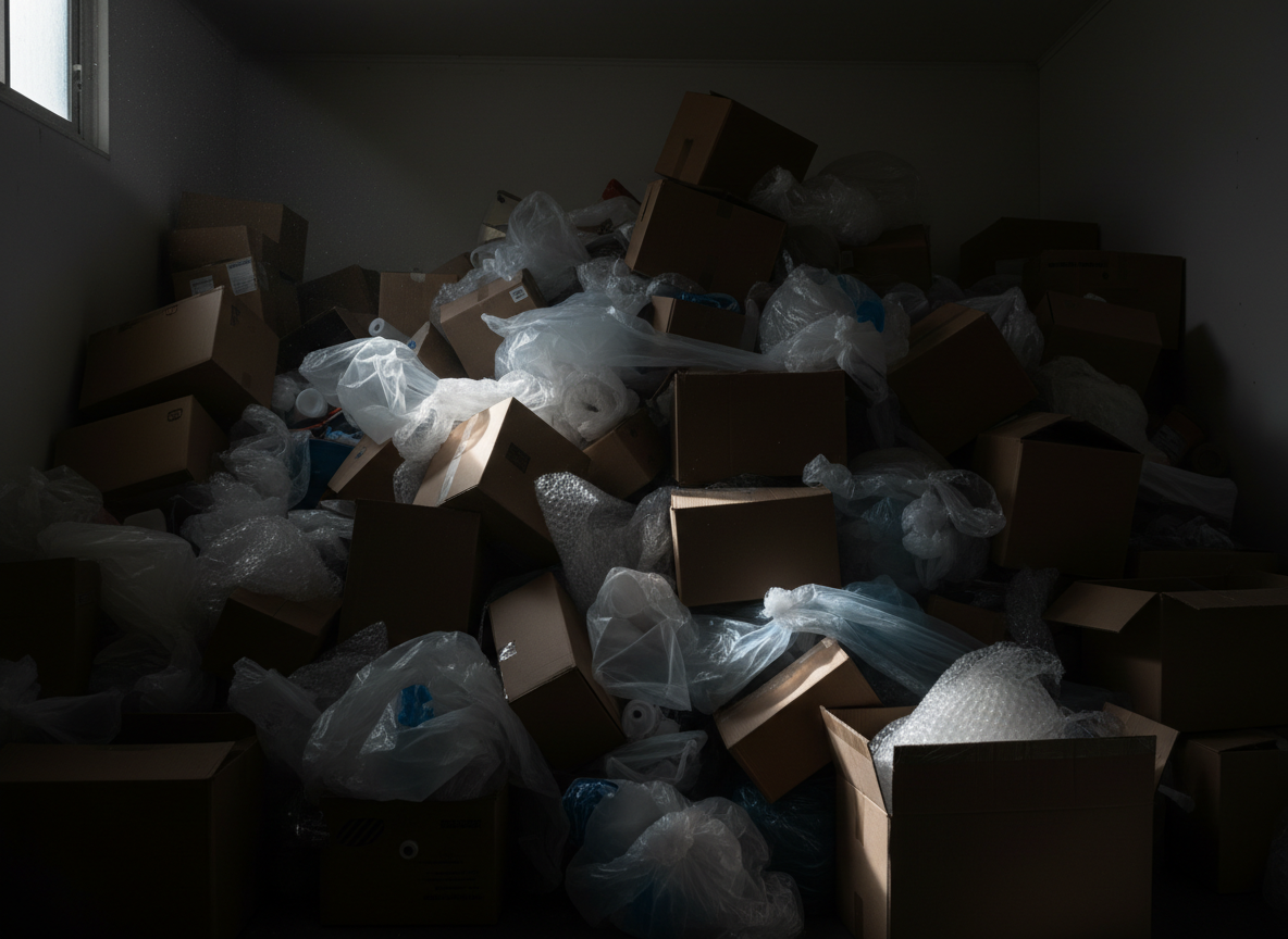 A messy heap of anonymous cardboard boxes and plain packaging in a dim storage room