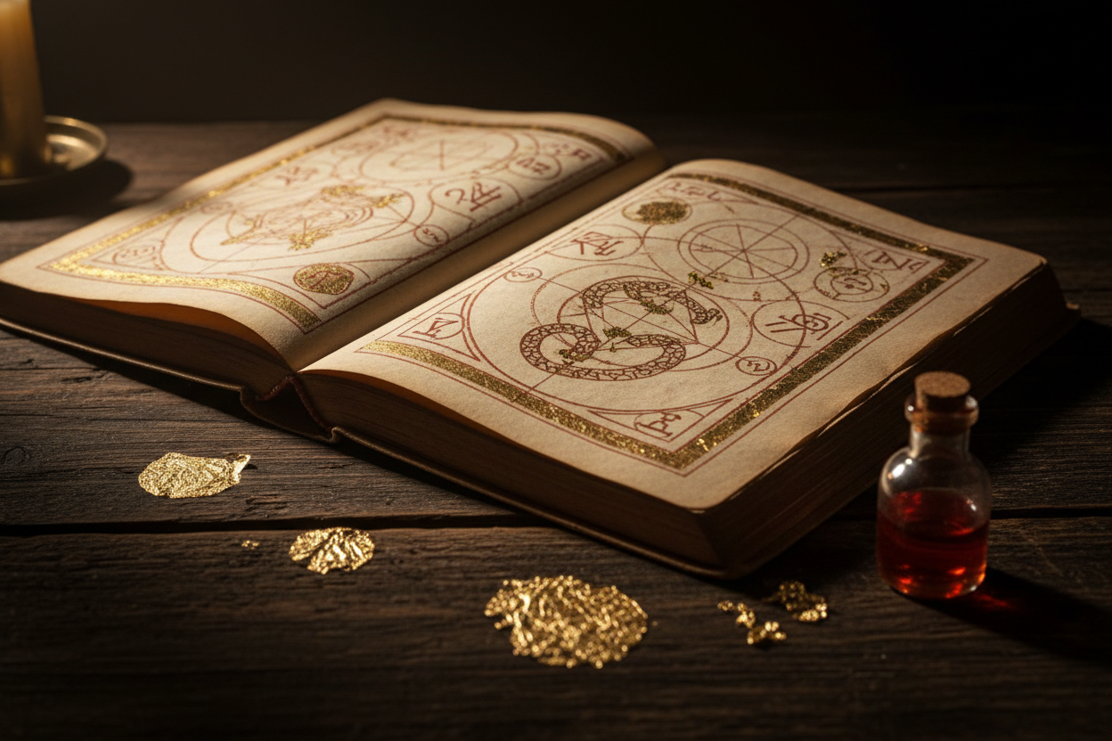 Ancient alchemical manuscript with gold leaf illumination and a small glass phial on a dark wooden table
