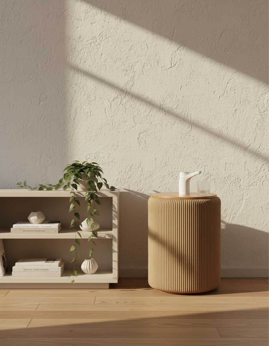Camu Camel junto a una estantería baja con luz de tarde