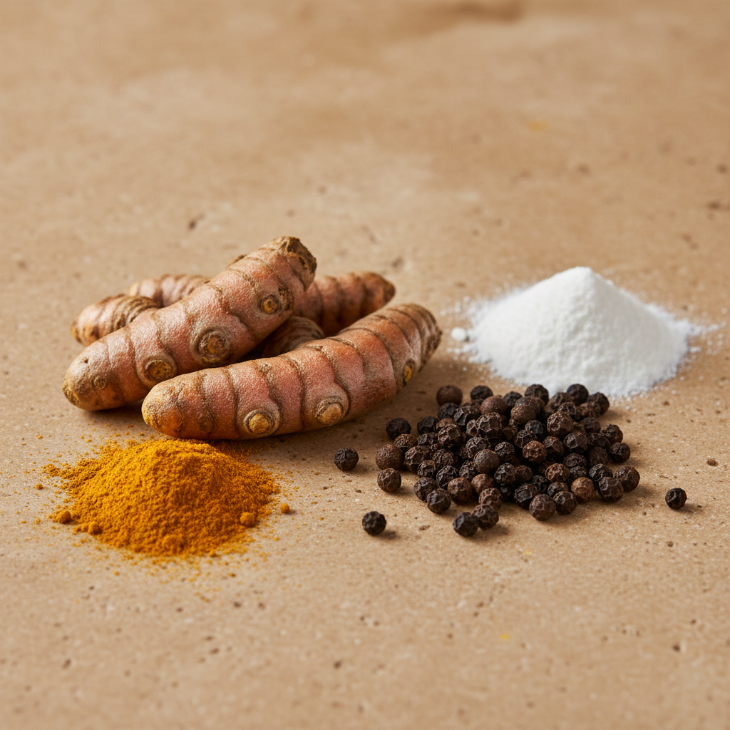 Curcuma in radice e polvere accanto a pepe nero in grani