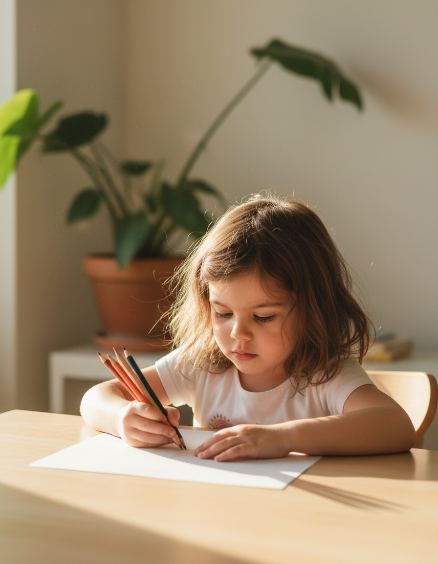 Child sitting calmly at a table drawing with coloured pencils, fully focused