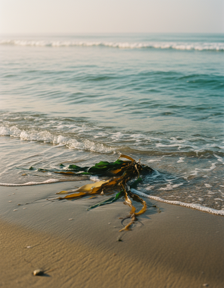 Strands of green and amber sea kelp resting on wet sand in shallow sunlit water