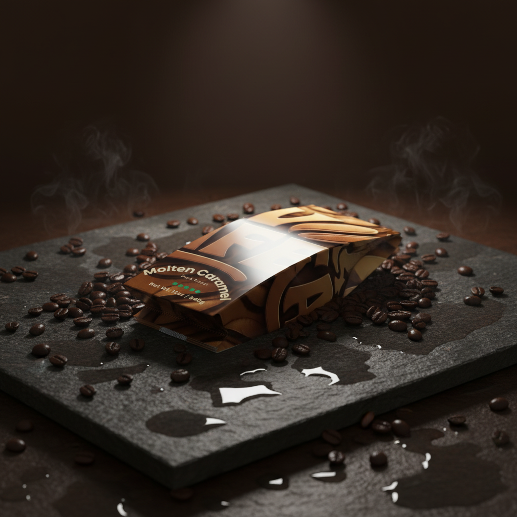 Molten Caramel box lying on wet stone surrounded by coffee beans and steam