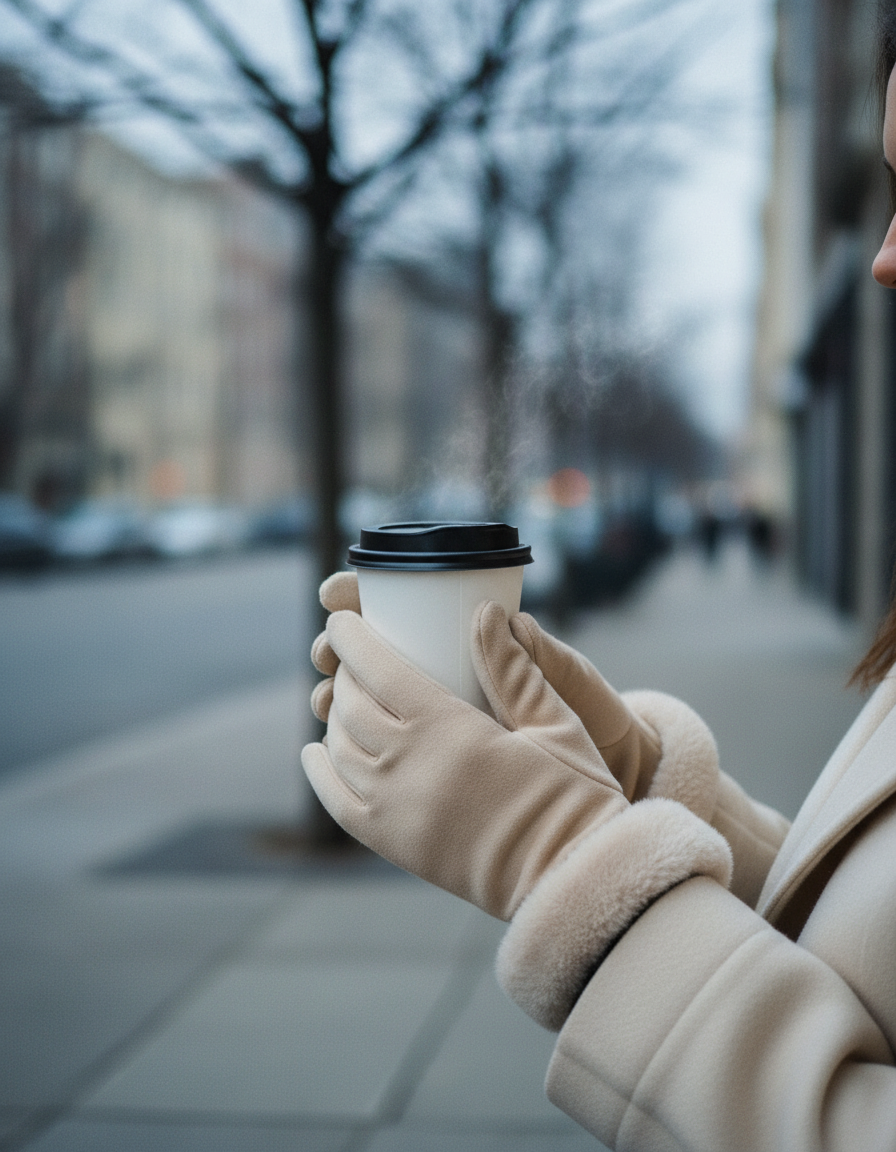 Nærbilde av fôrede hansker som holder en kaffekopp en kald morgen