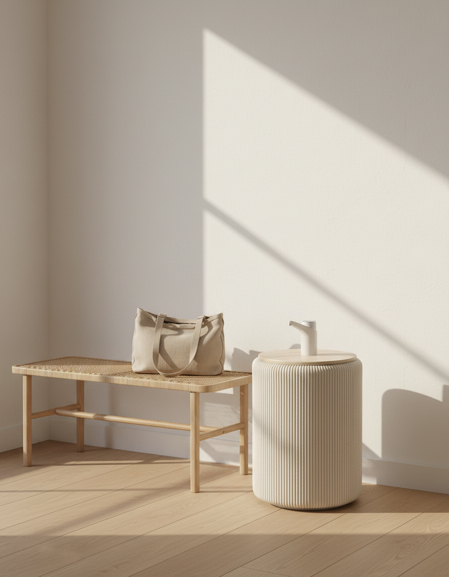 Camu Beige en un pasillo luminoso junto a una banca de ratán