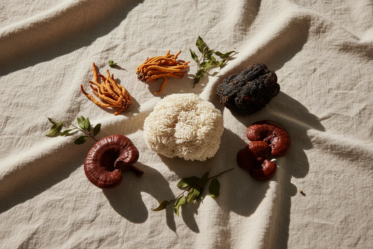 Whole lion's mane, cordyceps, chaga and reishi mushrooms arranged on cream linen