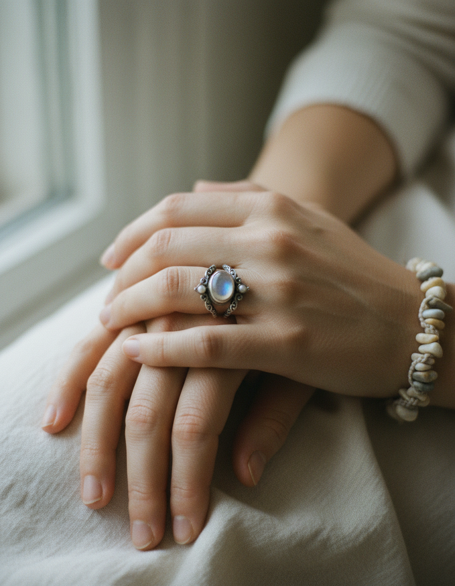 Hands wearing a stacked open ring and a hand-woven natural stone bracelet