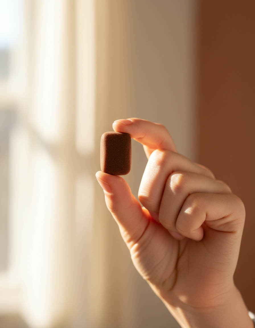 A hand holding a single dark raspberry mushroom gummy in morning light