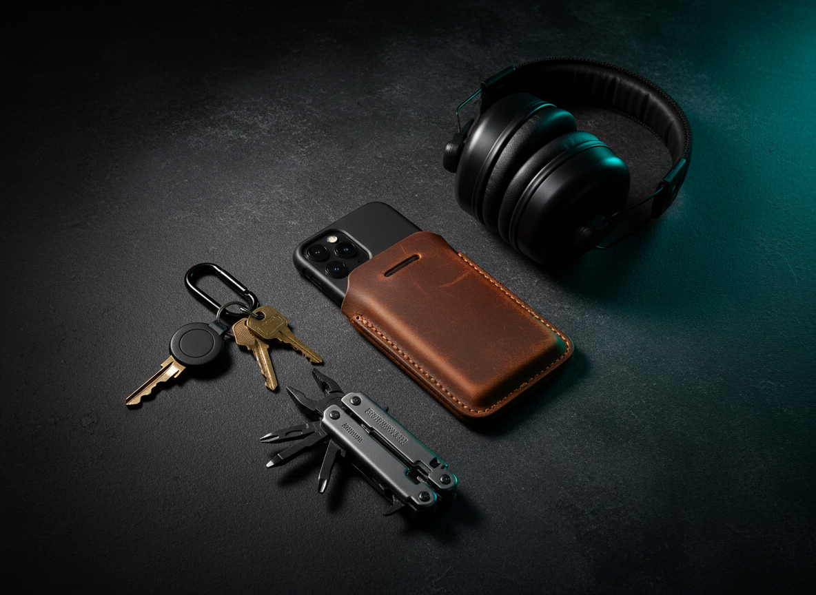Everyday carry flat-lay with a phone in a leather case, keys, earmuffs and a compact multi-tool