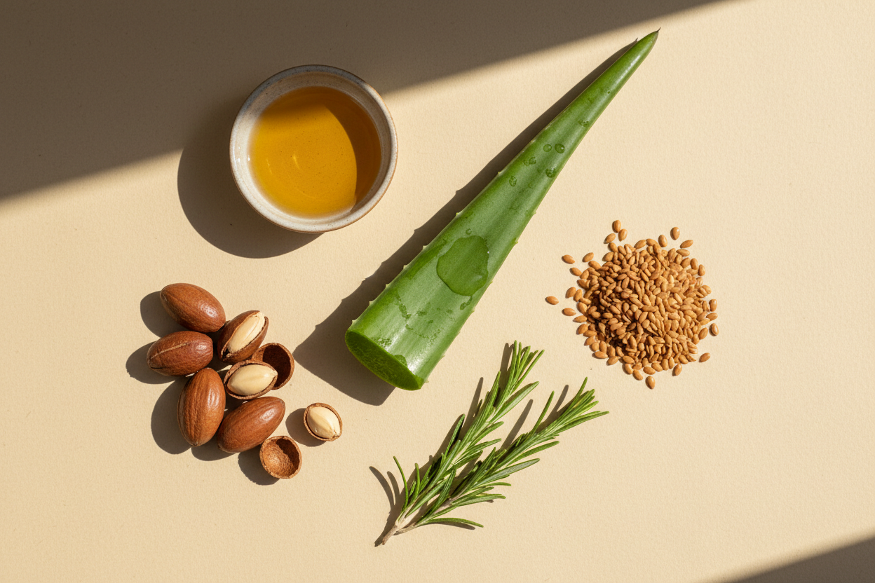 Aloe vera leaf, flaxseed, rosemary sprigs, argan nuts and a dish of golden oil on a cream surface