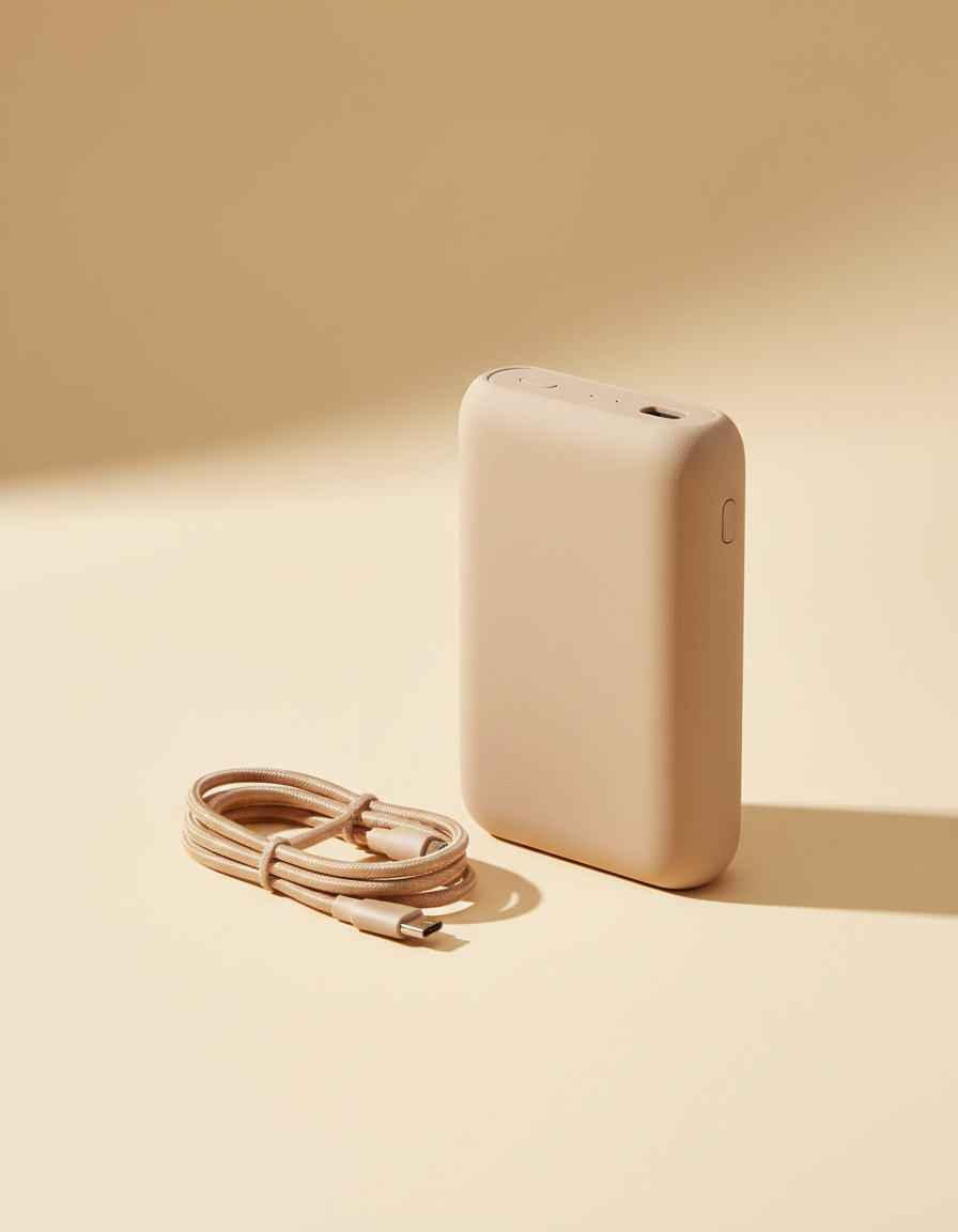 Compact matte sand-coloured portable power bank with a braided cable