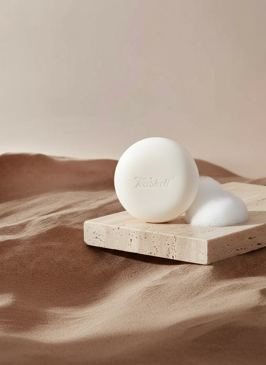 Round white soap bar on a beige travertine plinth in morning light