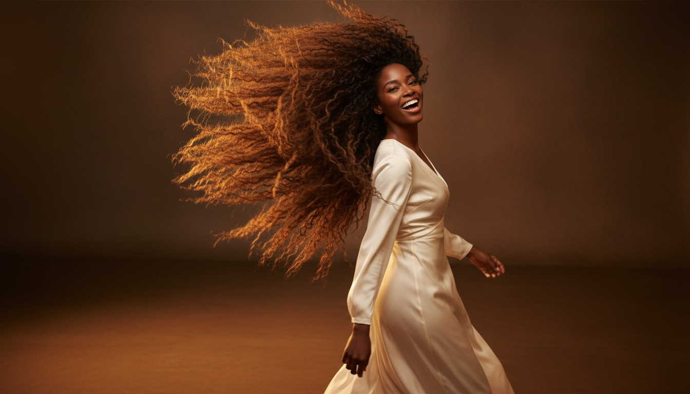 Woman turning with waist-length natural hair sweeping through the air