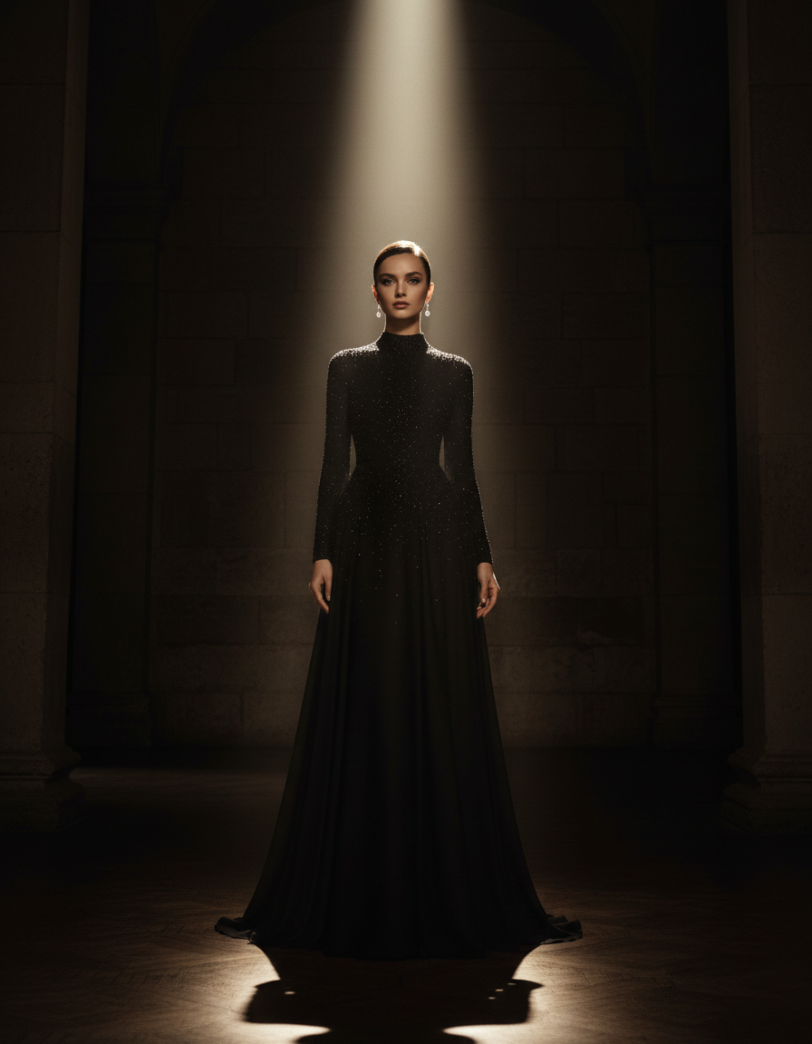 Model in a floor-length black occasion gown