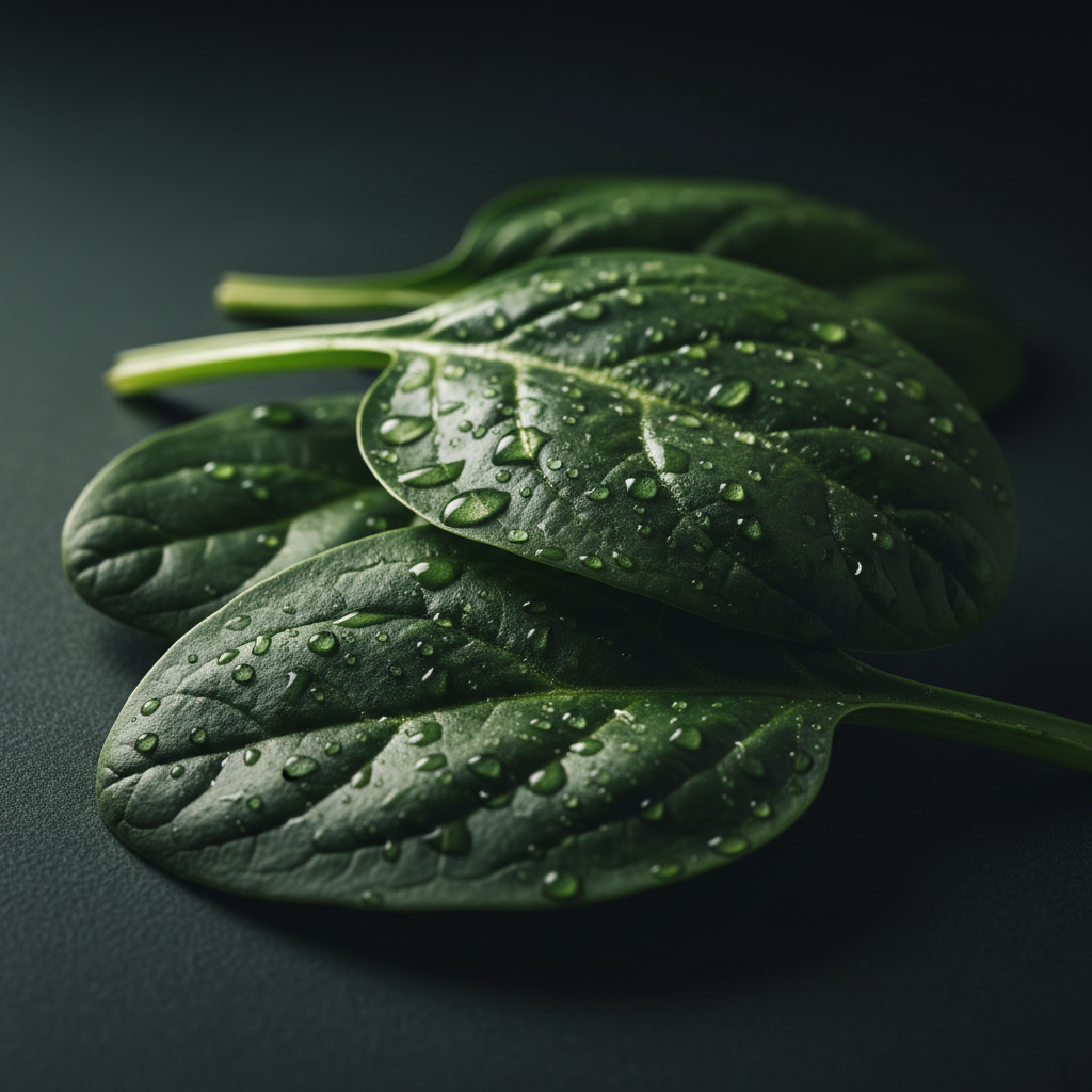 Fresh baby spinach leaves with water droplets, lit dramatically against a dark backdrop