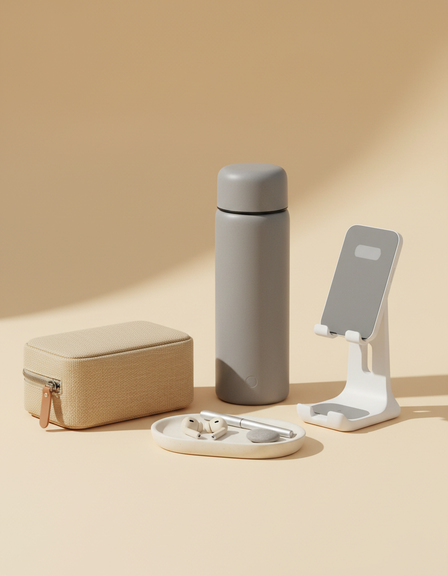 Insulated bottle, fabric travel organizer, charging stand and accessory tray arranged on a warm ivory studio background
