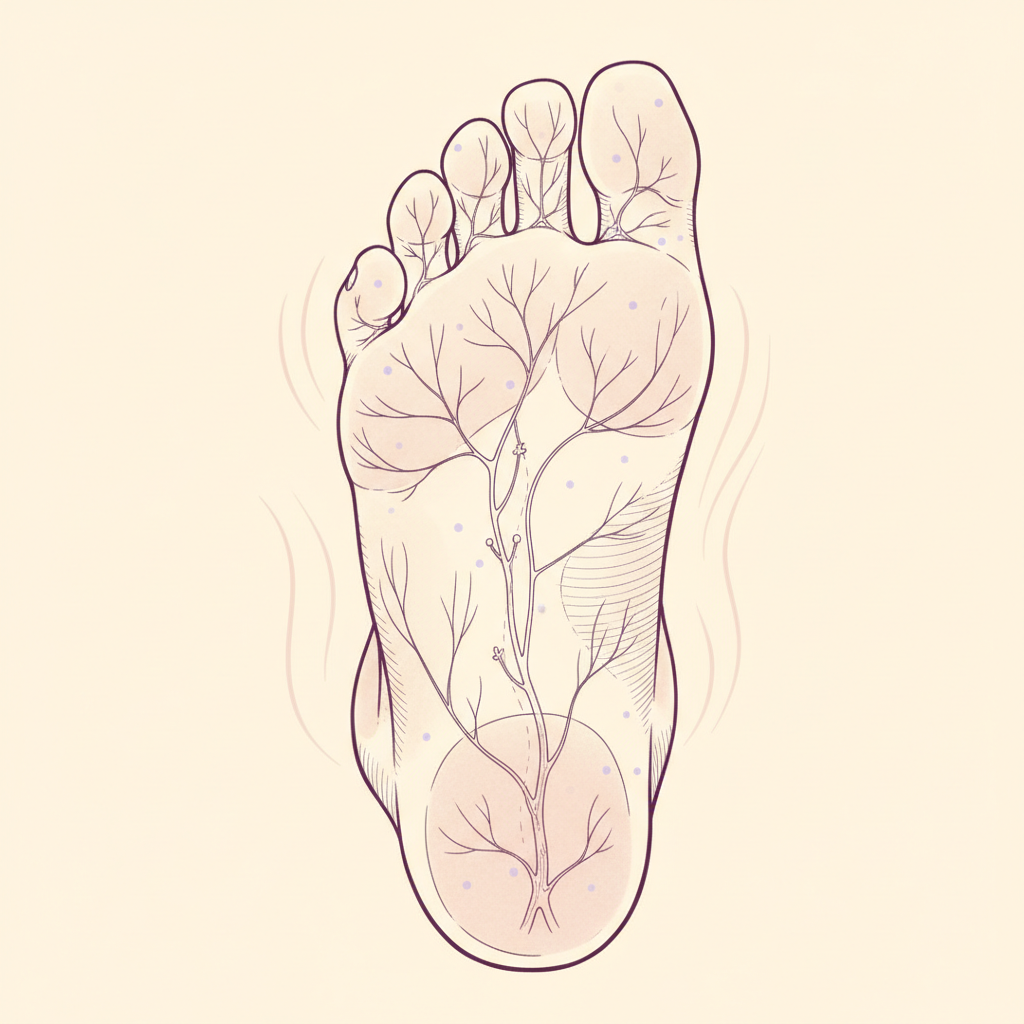 Fine-line illustration of the sole of the foot showing veins, lymphatic channels and mapped reflex zones with warmth rising upward