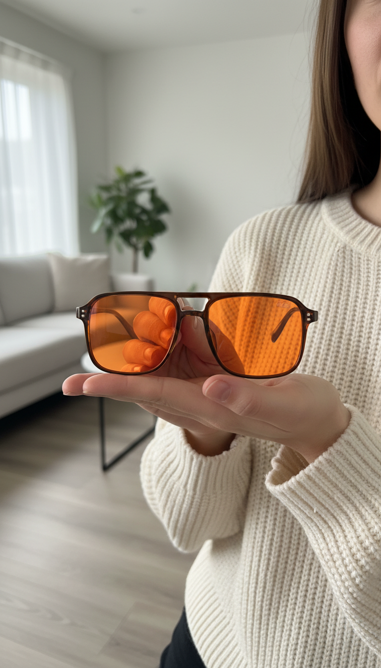 Customer holding the St Barts⁺ Safari Sunset bluelight frames in her hand
