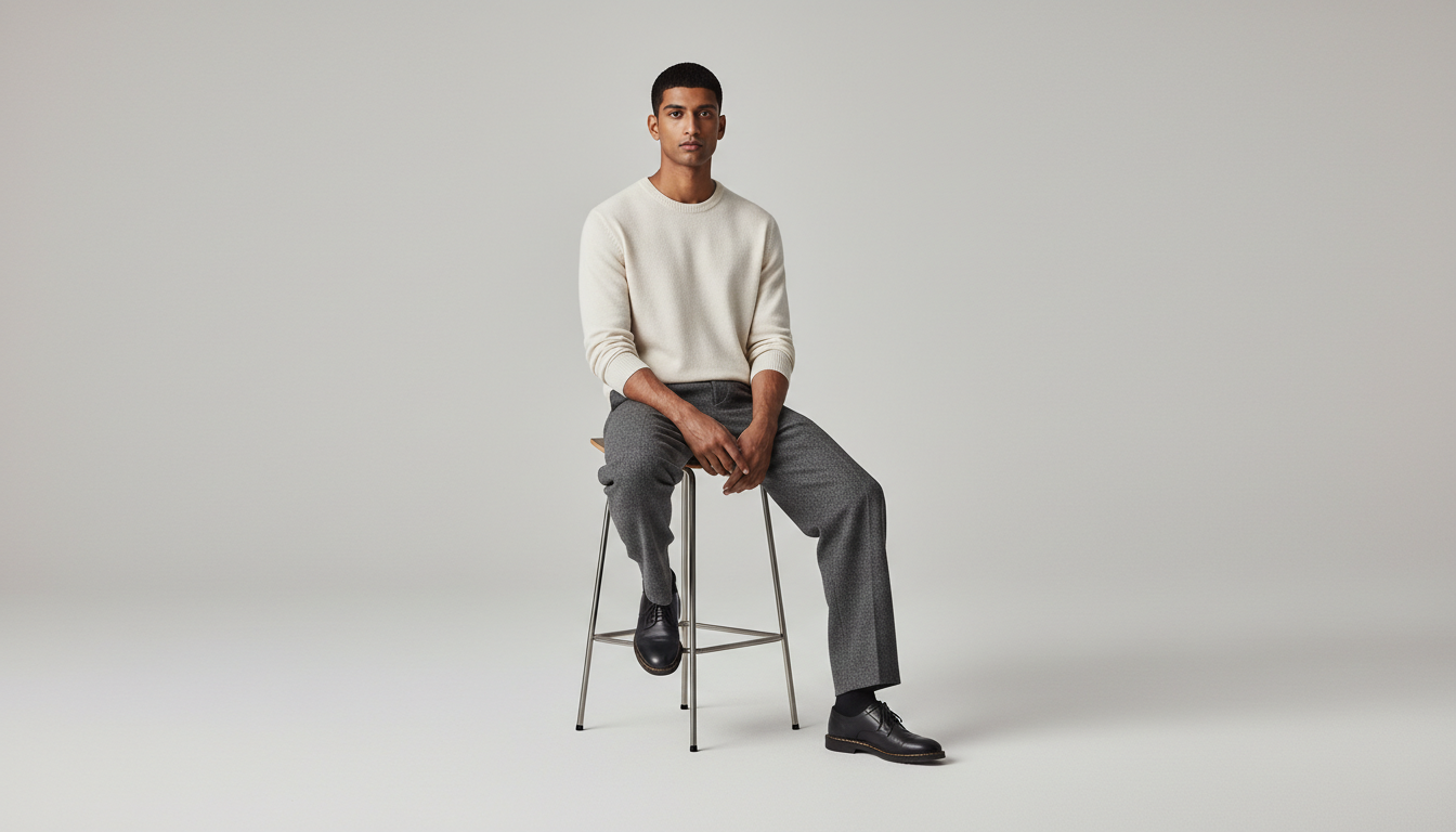 Model seated in charcoal wool trousers and a bone crewneck knit