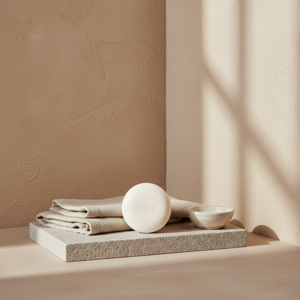 Soap bar on a stone tray beside a folded linen towel in a warm bathroom