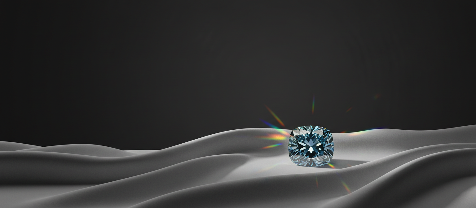 A rare fancy color diamond resting on soft grey silk