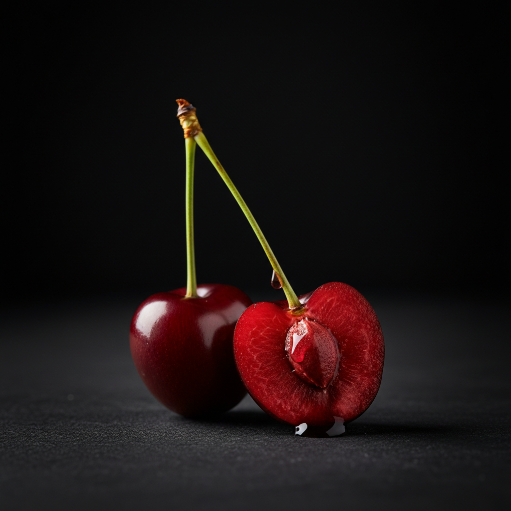 Two glossy crimson tart cherries, one halved, lit dramatically against a dark backdrop