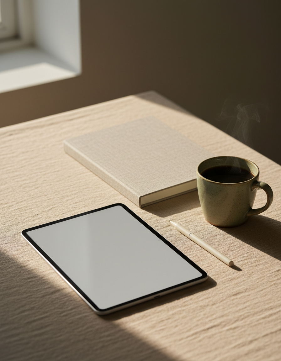A tablet, linen notebook, pen and stoneware mug arranged on a warm linen desk in soft morning light