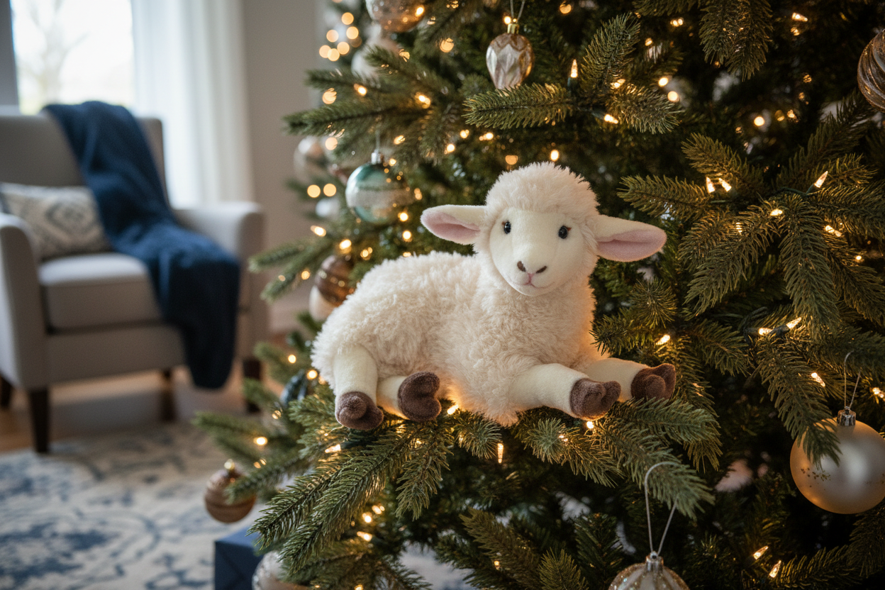 The plush sheep tucked in the branches of the Christmas tree