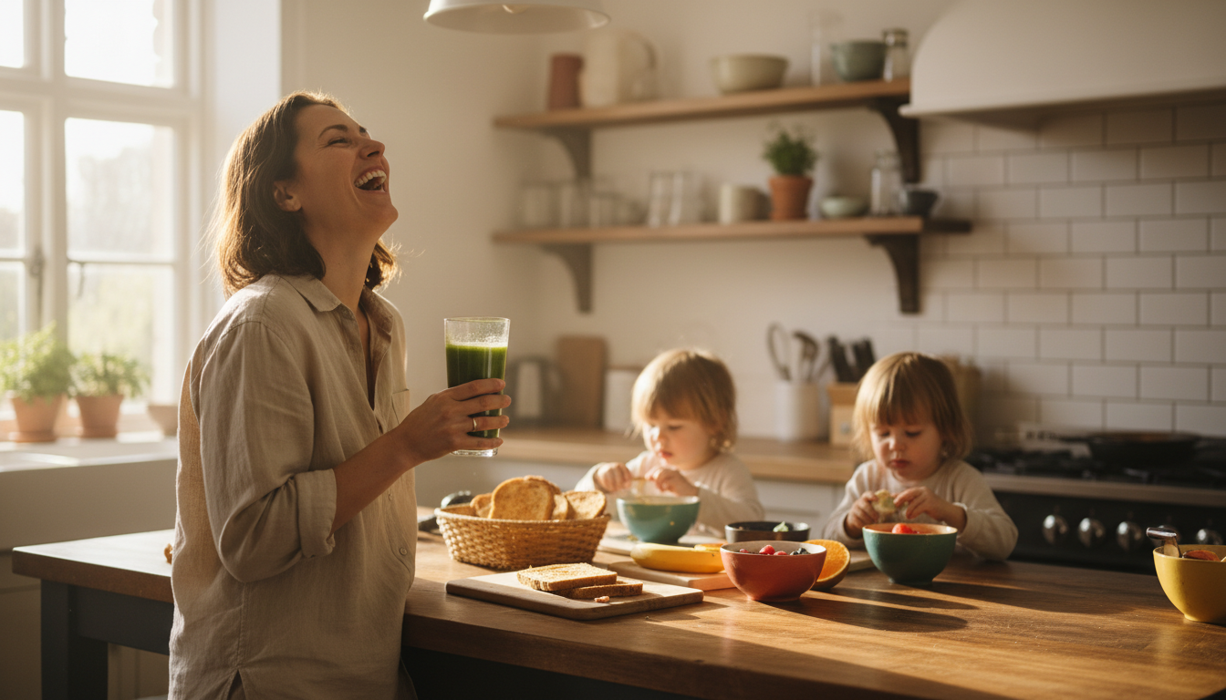 Mother laughing in a sunlit kitchen holding a glass of green drink while her two children eat breakfast behind her