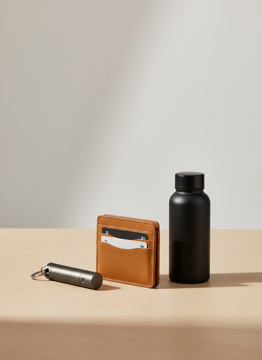 Slim card wallet, keychain organizer and small bottle on a warm beige surface