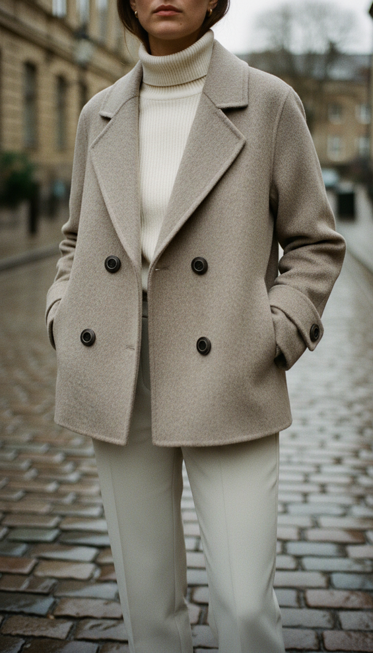 Kort beige ullkåpe med dobbel knapperad over hvit turtleneck på våt kobbelsteingate