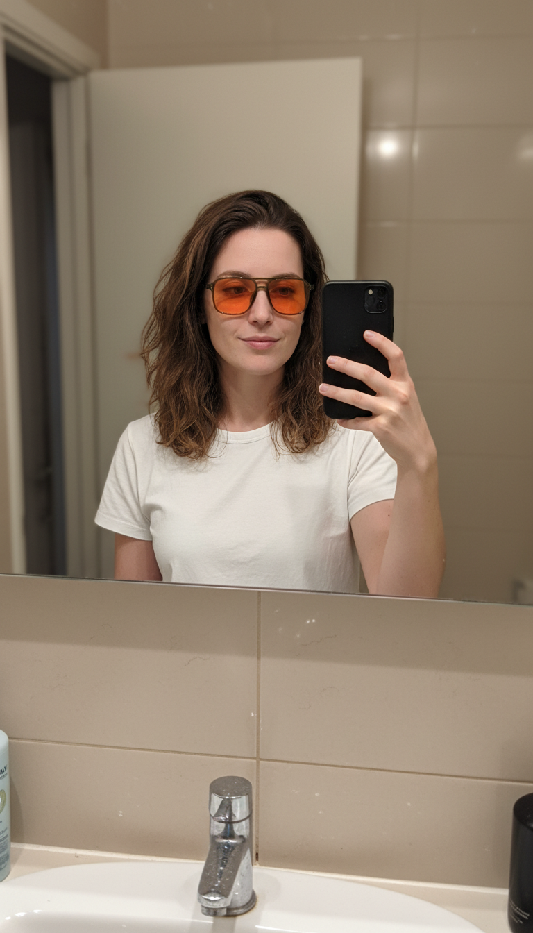 Customer taking a mirror photo wearing the St Barts⁺ Safari Sunset bluelight frames